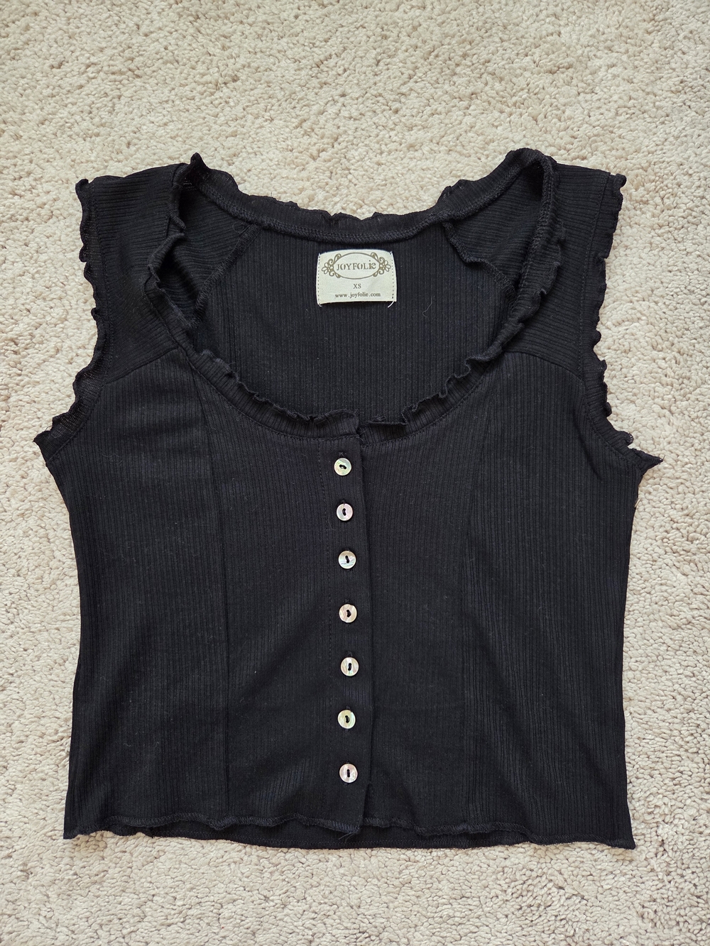 Joyfolie Black Ribbed Button-Front Tank with Ruffle Trim - Picture 2 of 3